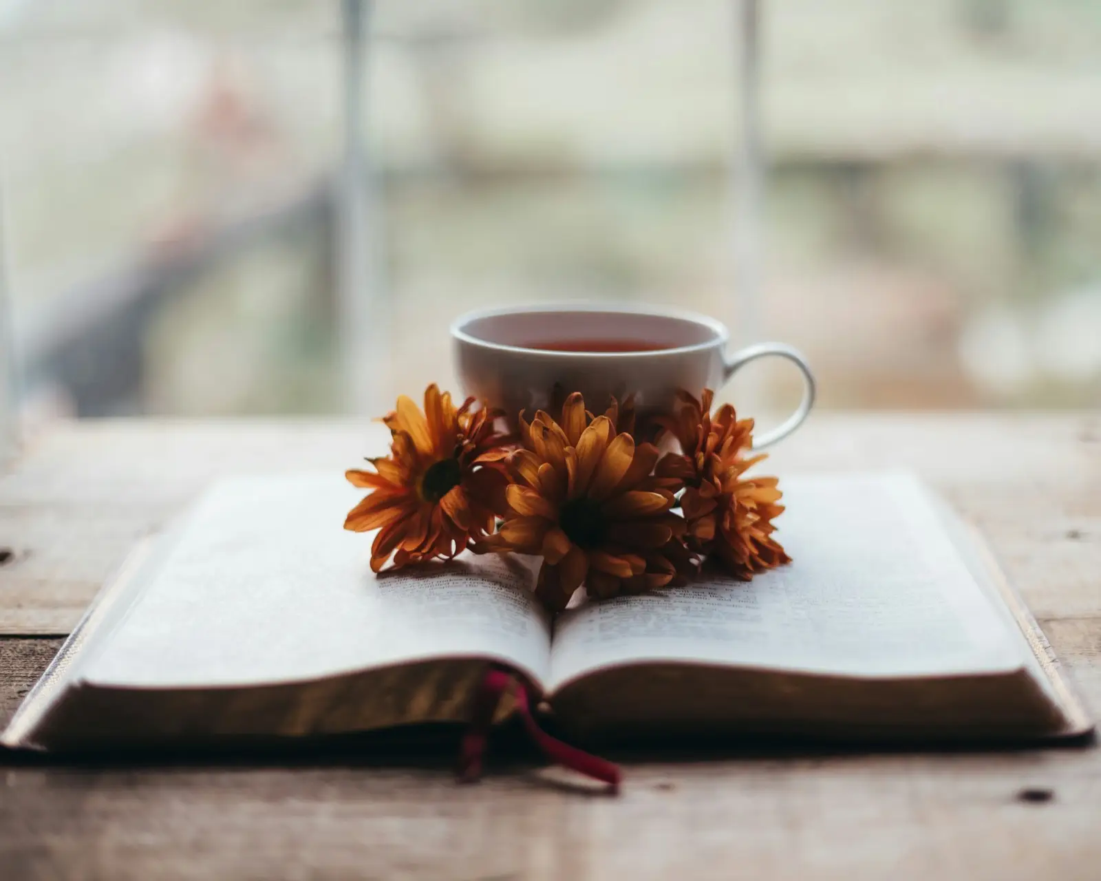 Livre ouvert posé sur une table avec une tasse de thé et des fleurs